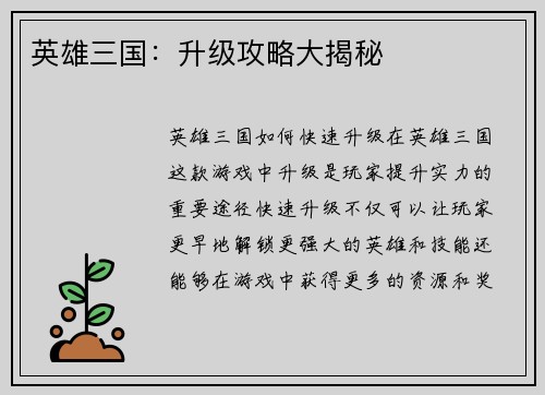 英雄三国：升级攻略大揭秘